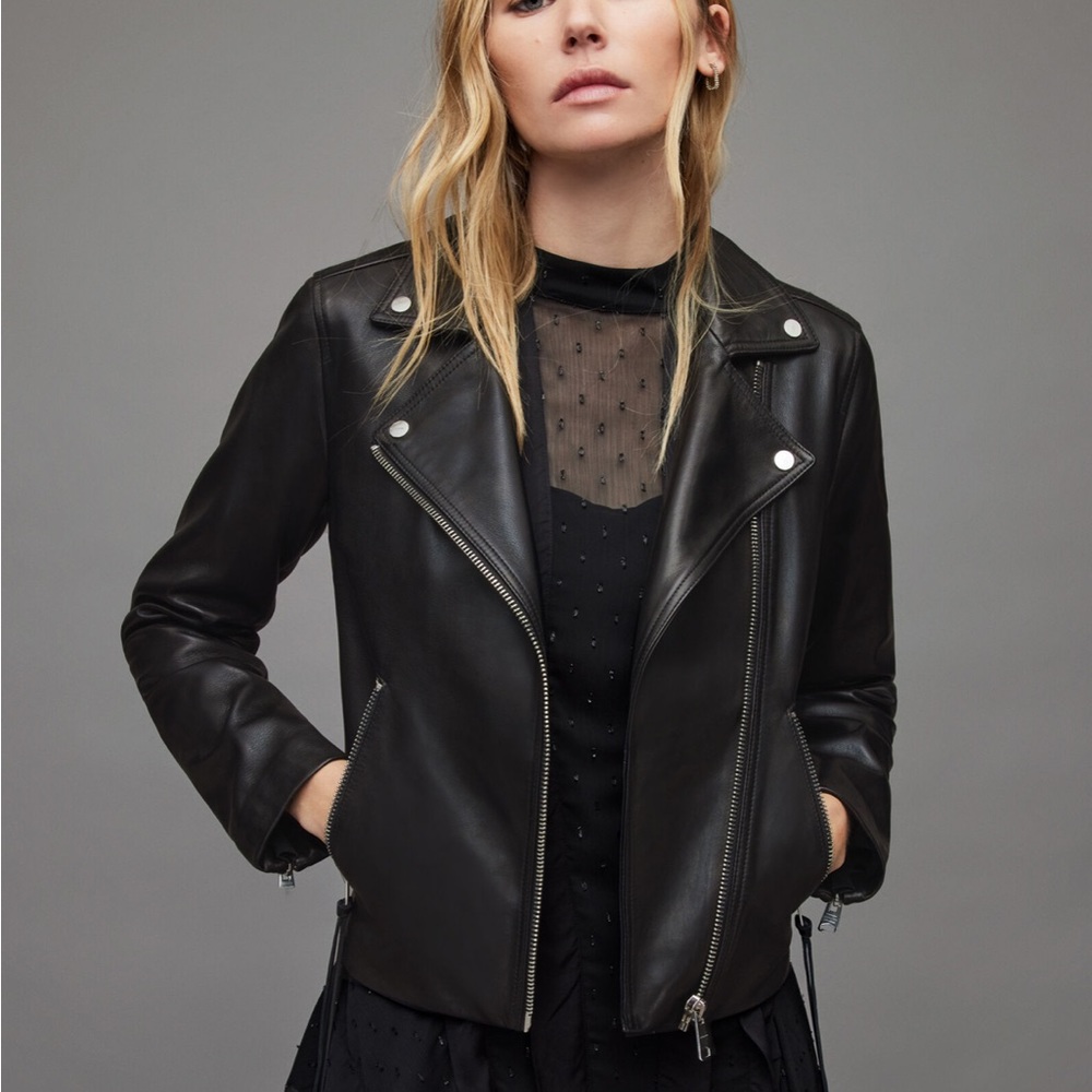All Saints Dalby Leather Biker Jacket in Dark Pebble Grey